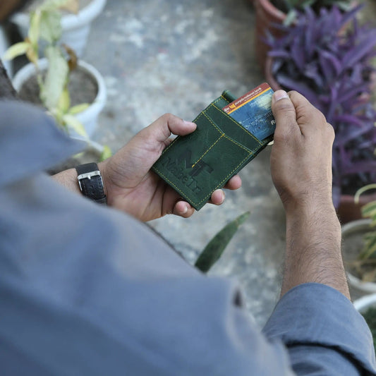 Finley Buffalo Leather Money Clip Wallet Green with yellow stitching Classy Leather Bags on Tampa Home & Garden Store
