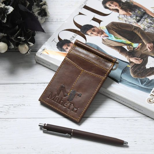 Finley Slim Money Clip Walnut Brown Leather wallet with yellow stitching and clip on magazine on Tampa Home & Garden Store