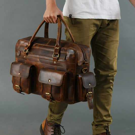 Finn Handcrafted Buffalo Leather Laptop Briefcase in brown with brass hardware and pockets on Tampa Home & Garden Store