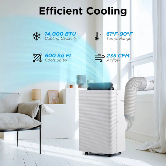 Finnmark 14,000 BTU smart portable air conditioner, white with exhaust hose and wheels on Tampa Home & Garden Store