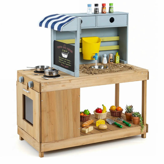 Kids wooden mud kitchen playset with canopy and faucet, blue-gray cabinet DirectDeals on Tampa Home & Garden Store