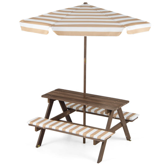 Fir wood kids picnic table with 2 built-in benches and beige striped umbrella by DirectDeals on Tampa Home & Garden Store