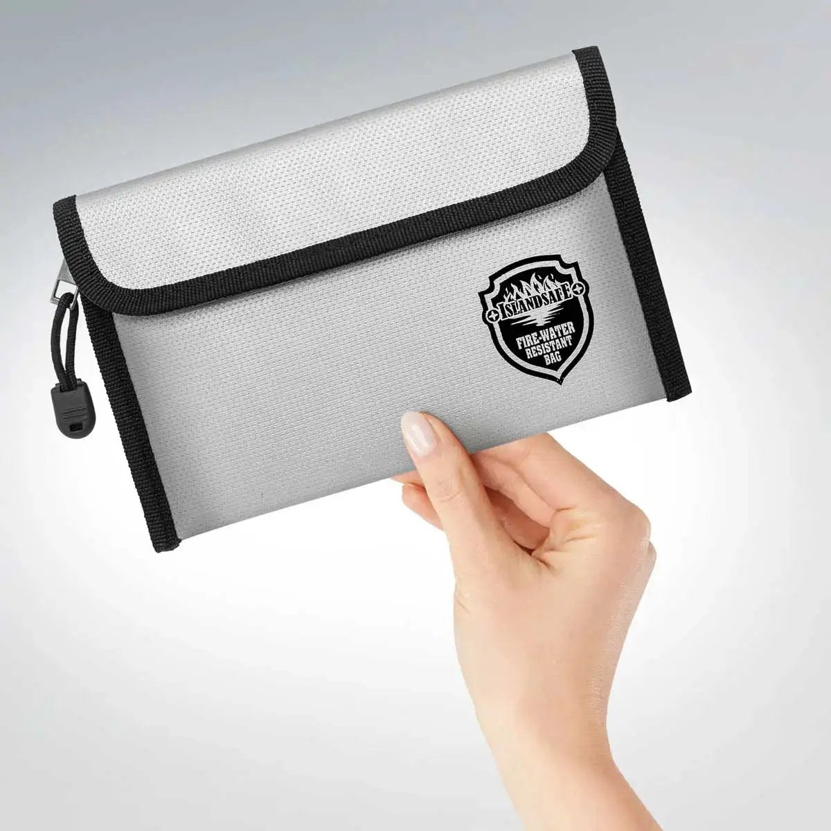ISLANDSAFE FireVault Fireproof Bag, water-resistant silver-gray with black trim on Tampa Home & Garden Store