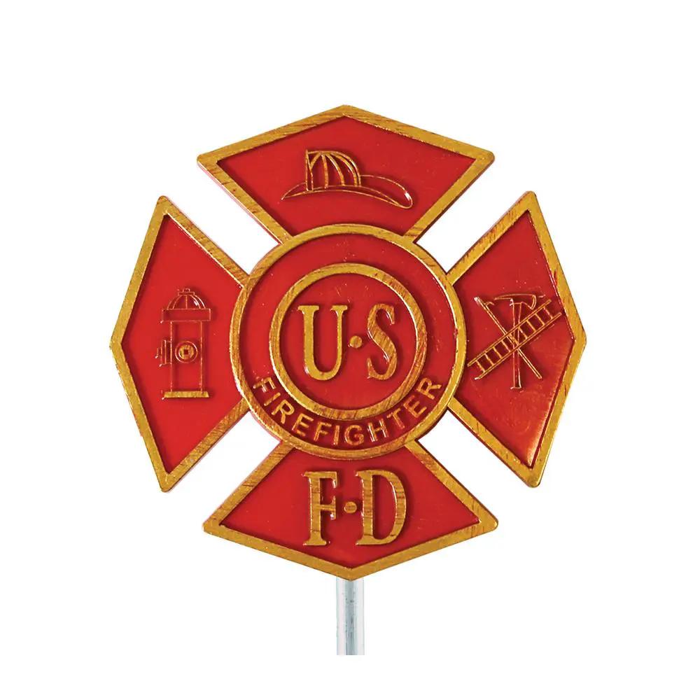 Firefighter grave marker flag holder with red and gold Maltese cross emblem on stake on Tampa Home & Garden Store