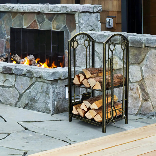 Fireplace Log Rack With Tools Set For Fireside