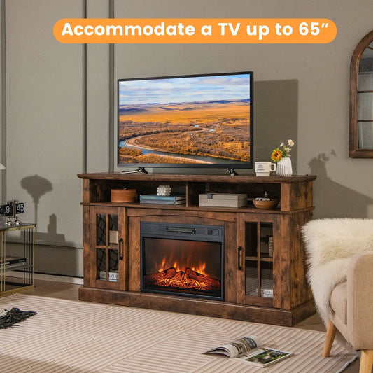 Fireplace TV stand in dark brown wood with built-in fireplace, fits 65-inch TVs on Tampa Home & Garden Store