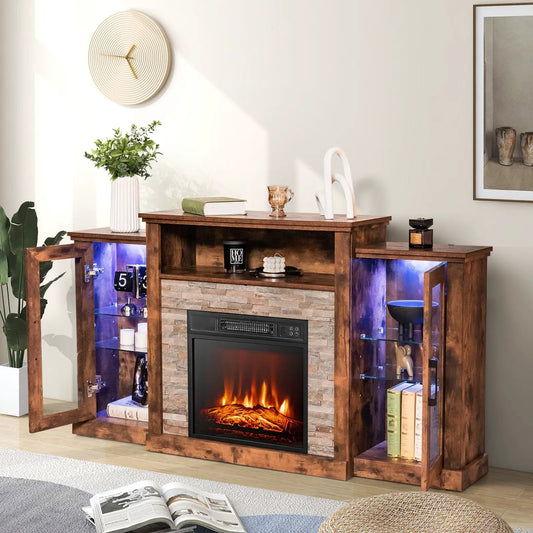 Fireplace TV Stand with 16 Color LED Lights, brown wood with electric fireplace DirectDeals on Tampa Home & Garden Store