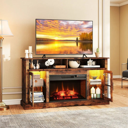 Fireplace TV stand in rustic brown with 50-inch TV and built-in electric fireplace remote on Tampa Home & Garden Store