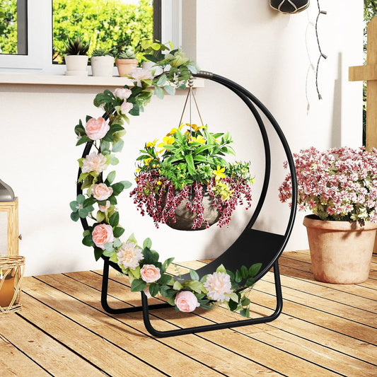 Firewood log hoop 20 inch round heavy-duty black metal rack with hanging planter flowers on Tampa Home & Garden Store