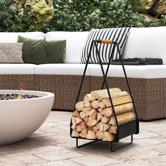 Firewood Storage Rack black metal frame with orange handle for outdoor wood storage on Tampa Home & Garden Store
