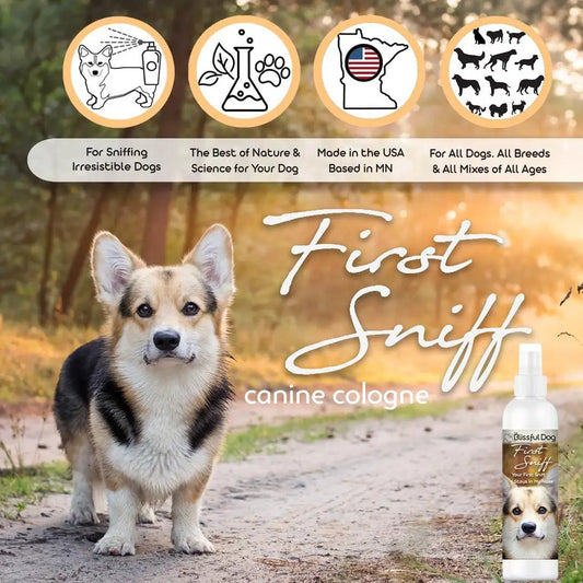 First Sniff canine cologne spray by The Blissful Dog in a white bottle on Tampa Home & Garden Store