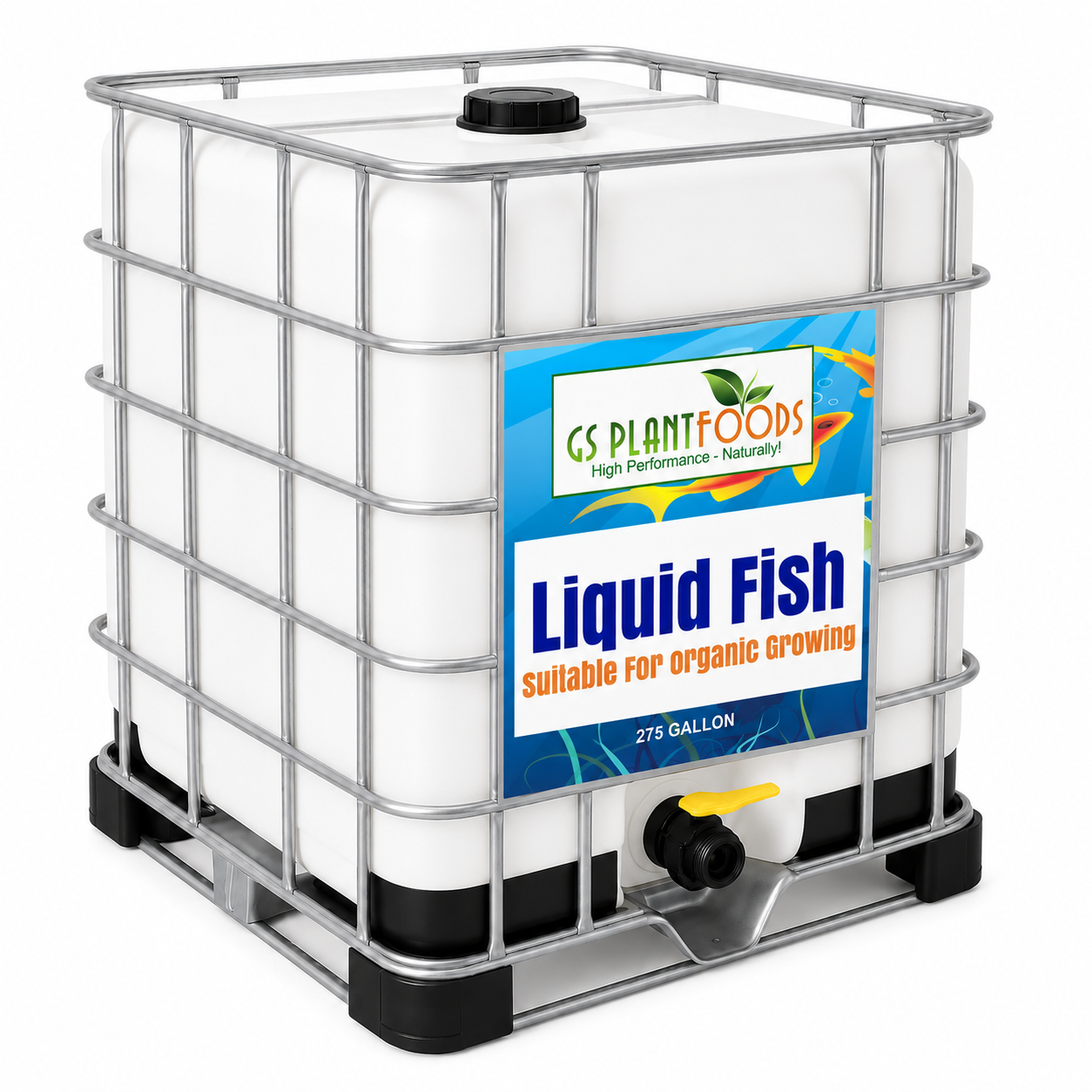 Liquid Fish fertilizer by GS Plant Foods in a white 275-gallon IBC tote with metal cage on Tampa Home & Garden Store