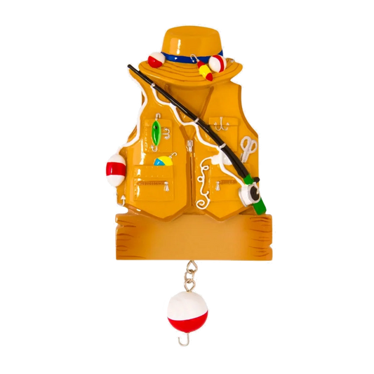 Yellow fishing vest Christmas ornament with rod, lures, hat, and bobber charm on Tampa Home & Garden Store