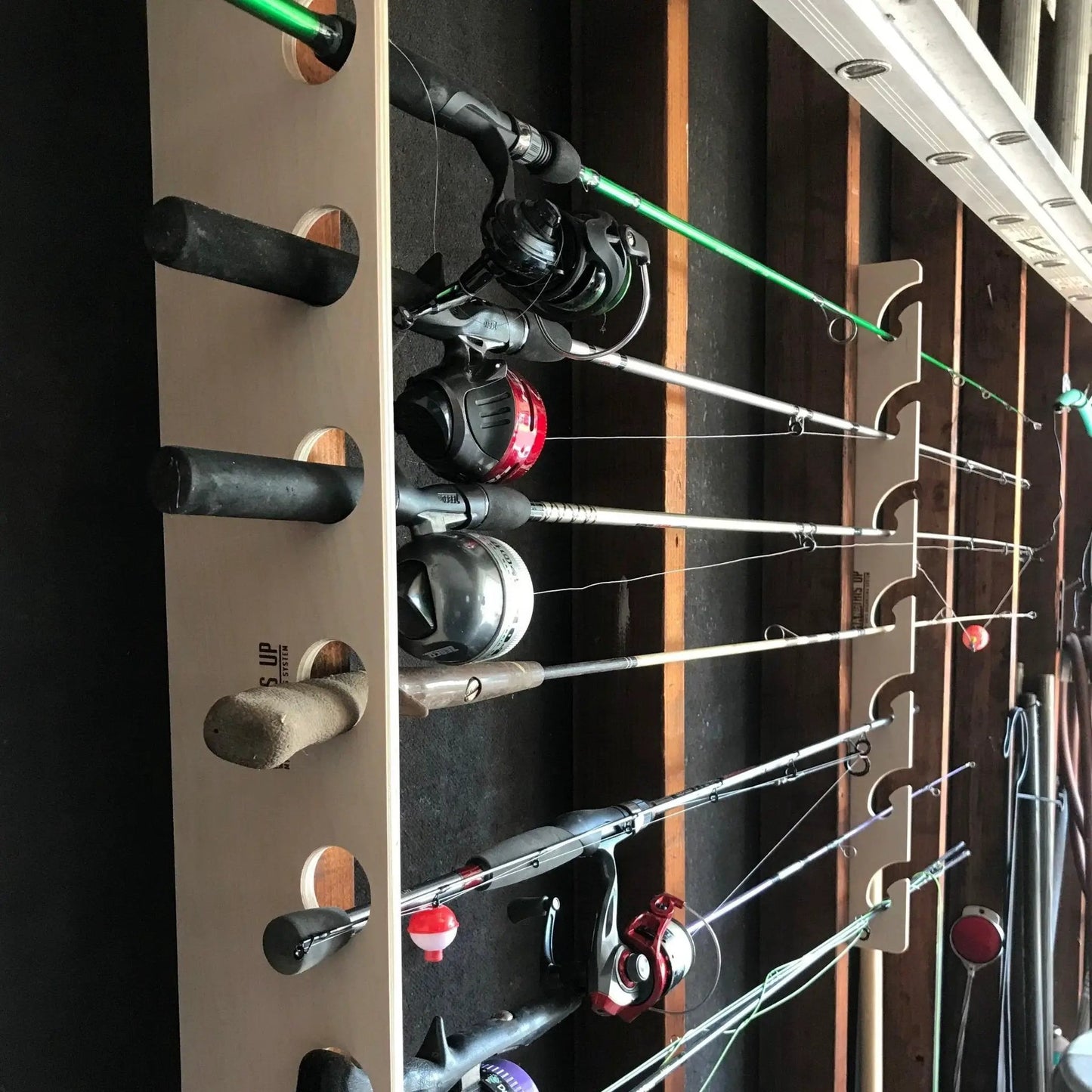 Fishing Rod Rack Shed Organizer for Rod Storage with rods and reels on wooden shelf HangThis Up on Tampa Home & Garden Store