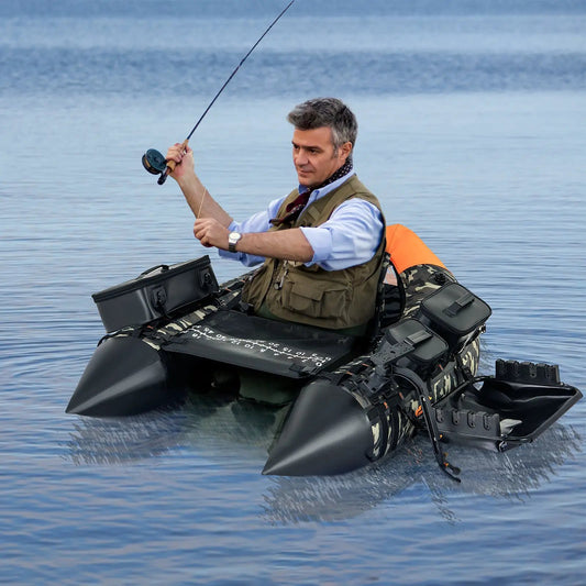 Inflatable fishing boat with 3 storage boxes, camo hull and orange seat on Tampa Home & Garden Store