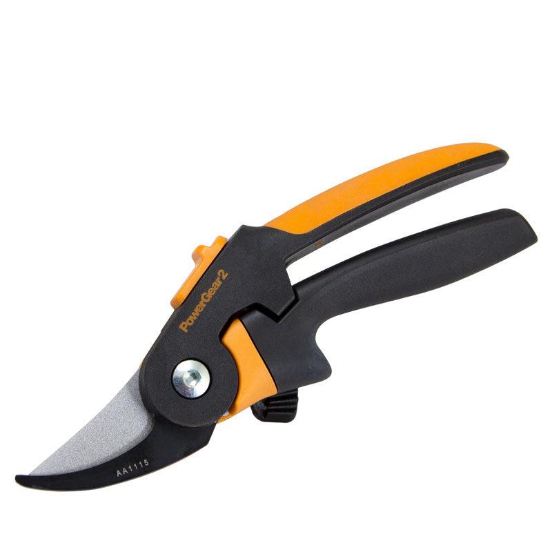 Fiskars PowerGear Handheld Bypass Pruner orange/black handle and curved blade on Tampa Home & Garden Store