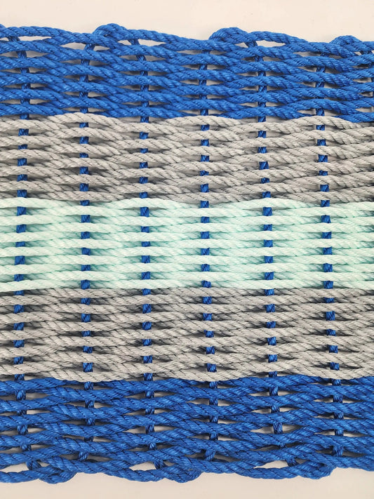 Five Stripe Rope Mat Made With Lobster Rope in blue gray seafoam by Little Salty Rope rug on Tampa Home & Garden Store