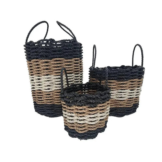 Five Stripe Rope Baskets set of 3 in black brown tan striped with handles by Little Salty Rope on Tampa Home & Garden Store