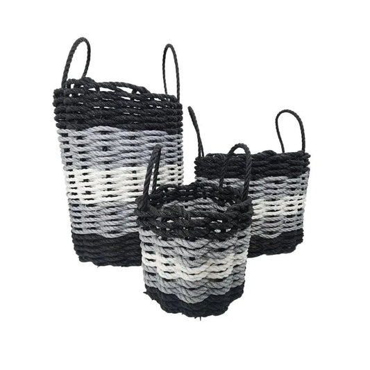 Five Stripe Rope Storage Basket trio in black gray white rope with handles Little Salty Rope on Tampa Home & Garden Store