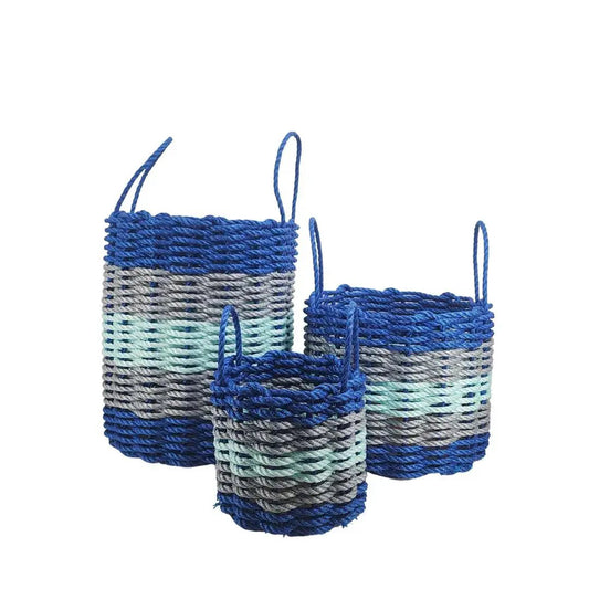 Five Stripe Rope Storage Basket set of 3 in blue gray seafoam by Little Salty Rope on Tampa Home & Garden Store