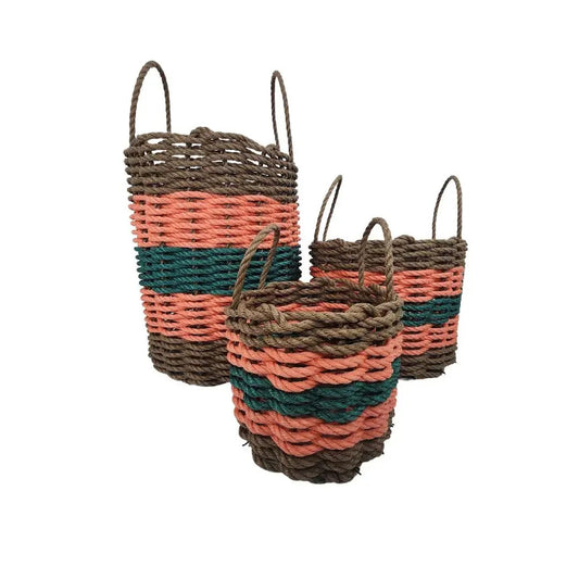 Five Stripe Rope Storage Basket in brown coral teal with rope handles by Little Salty Rope on Tampa Home & Garden Store