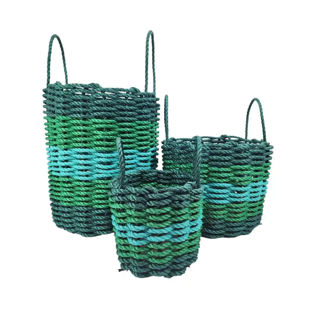 Five-stripe rope storage basket set in hunter green to teal with handles, 3-piece on Tampa Home & Garden Store