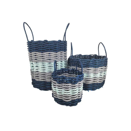 Five Stripe Rope Basket set of three in navy, gray, seafoam with handles on Tampa Home & Garden Store