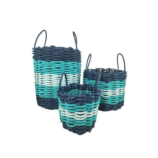 Five Stripe Rope Storage Basket navy blue seafoam with handles by Little Salty Rope on Tampa Home & Garden Store