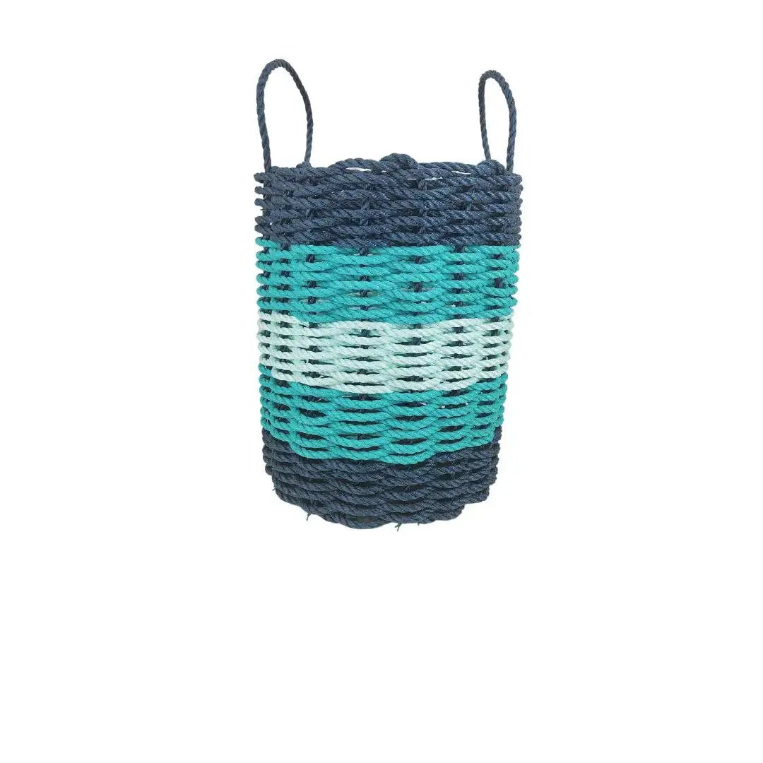 Five Stripe Rope Storage Basket in navy blue, teal, and seafoam with handles on Tampa Home & Garden Store