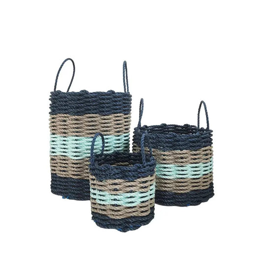 Five Stripe Rope Basket set in navy, tan and seafoam; three handwoven rope baskets with handles on Tampa Home & Garden Store