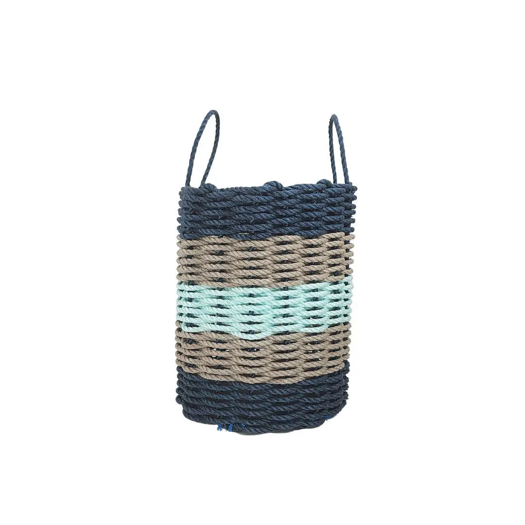 Five Stripe Rope Basket Navy Tan Seafoam with two handles on Tampa Home & Garden Store