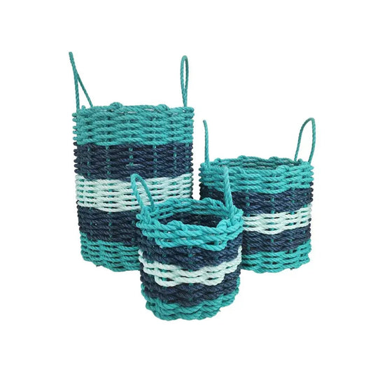Five stripe rope storage baskets set of 3 teal navy seafoam with handles Little Salty Rope on Tampa Home & Garden Store