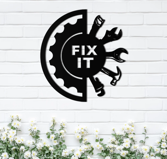 Fix It Tools Metal Wall Art black metal decor with gear and wrench on Tampa Home & Garden Store