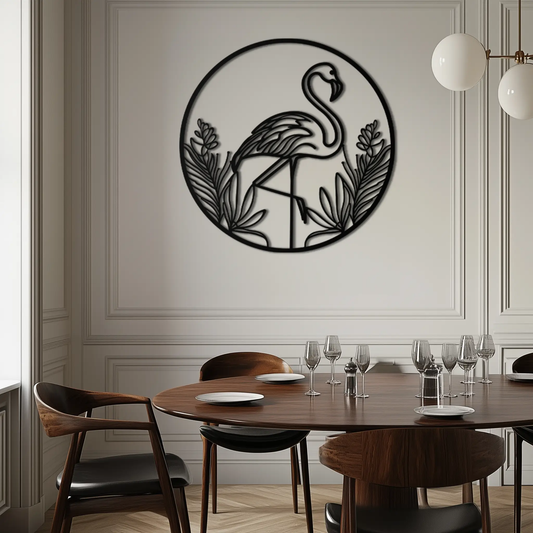 Flamingo metal wall art silhouette decor in a round frame, black steel by Enova Art on Tampa Home & Garden Store
