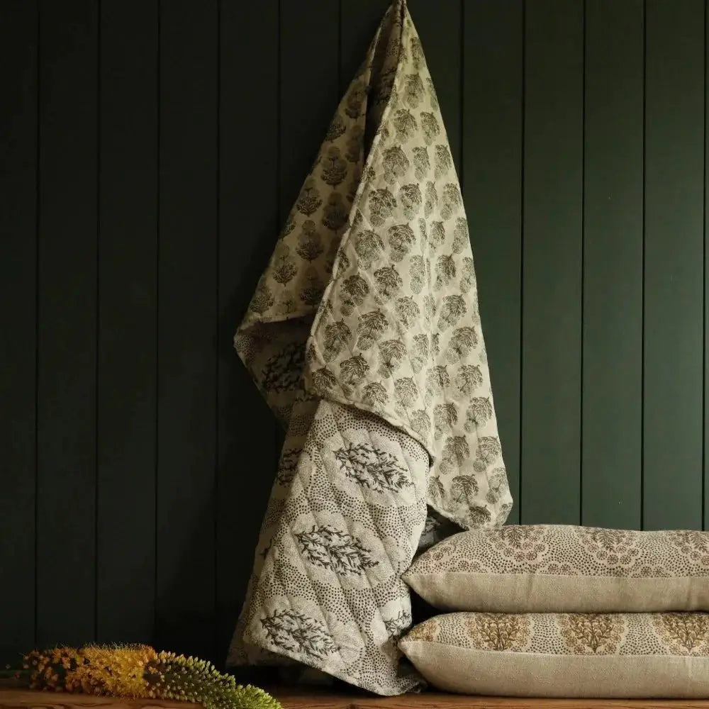 Fleur linen and cotton block print coverlet throw blanket in beige with botanical motif on Tampa Home & Garden Store