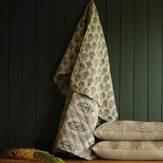 Fleur linen and cotton block print coverlet throw blanket in beige with botanical motif on Tampa Home & Garden Store