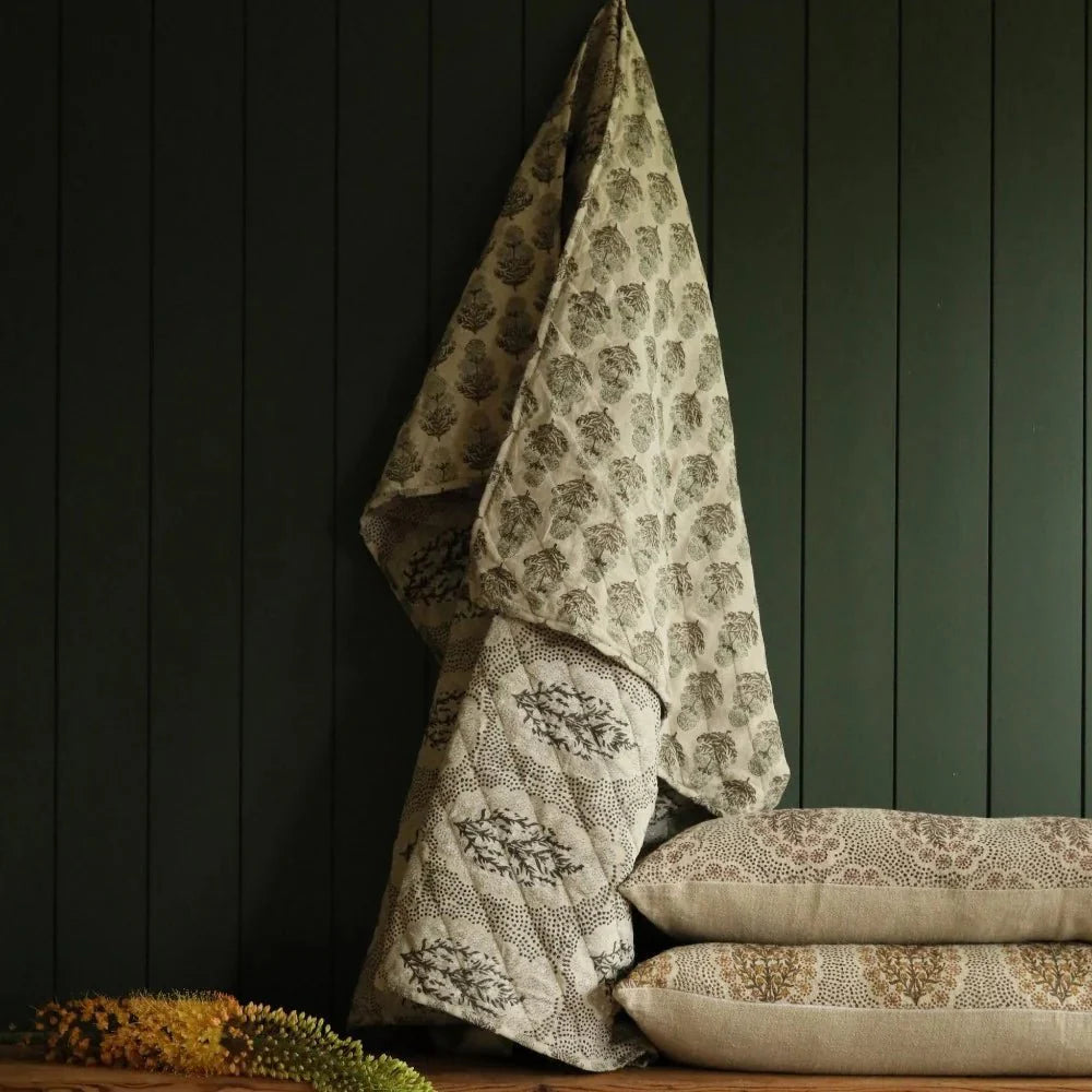 Fleur Linen & Cotton Block Print Quilted Coverlet - Tampa Home & Garden Store