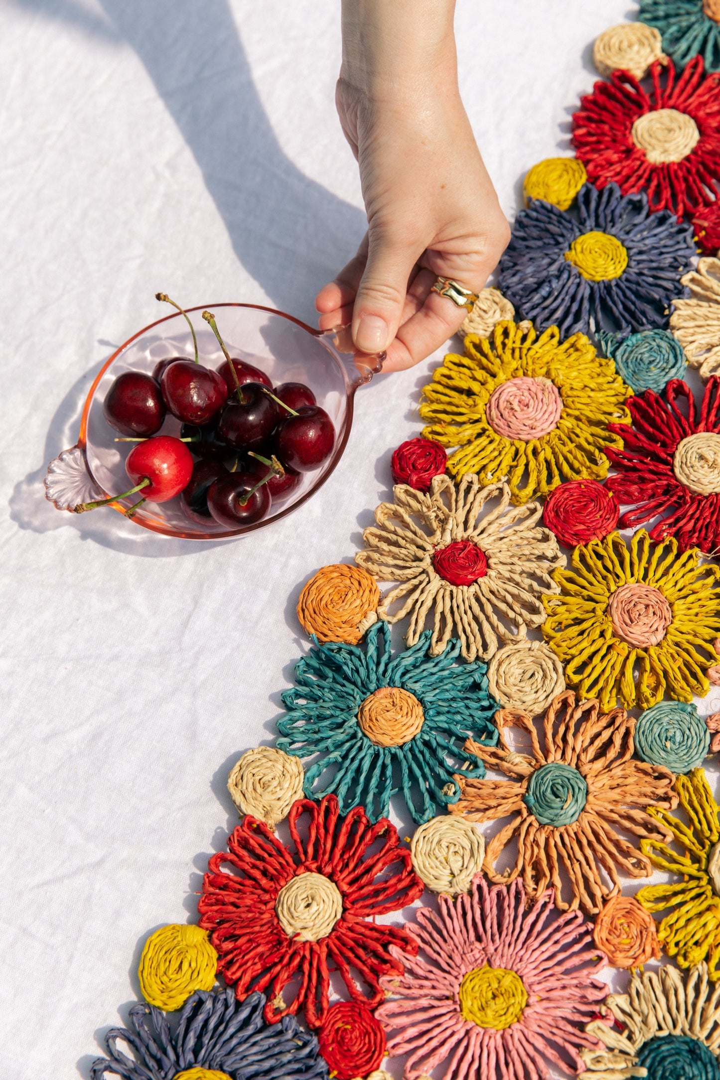 Fleur Raffia Flower Table Runner, Multicolor Flowers Woven Tabletop - Tampa Home & Garden Store