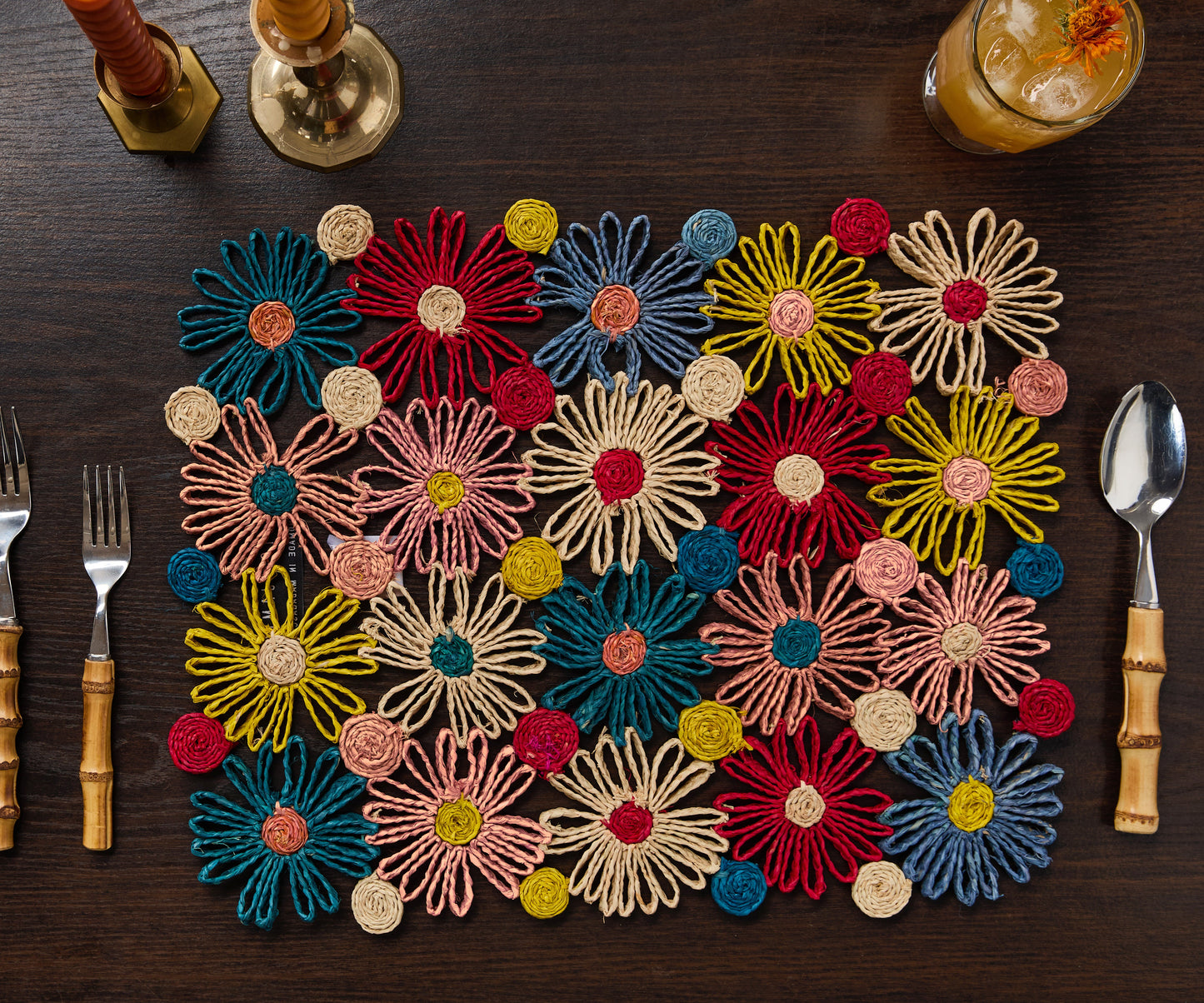 Fleur Raffia placemat, Multicolor Flowers woven tabletop - Tampa Home & Garden Store