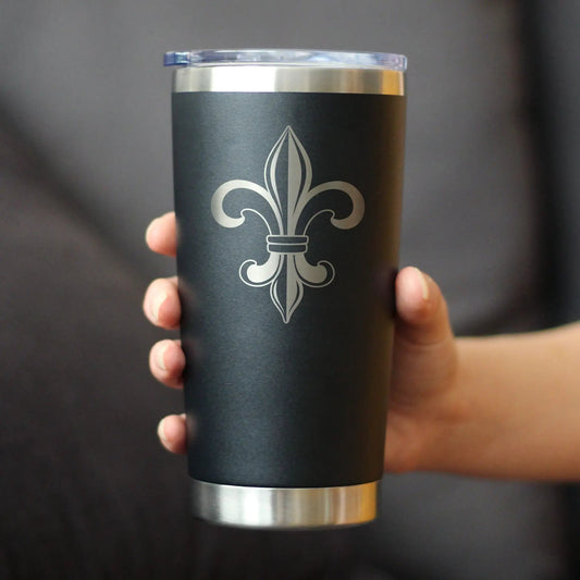 20 oz bevvee Fleur de Lis Lily tumbler in black matte with silver fleur-de-lis emblem on Tampa Home & Garden Store