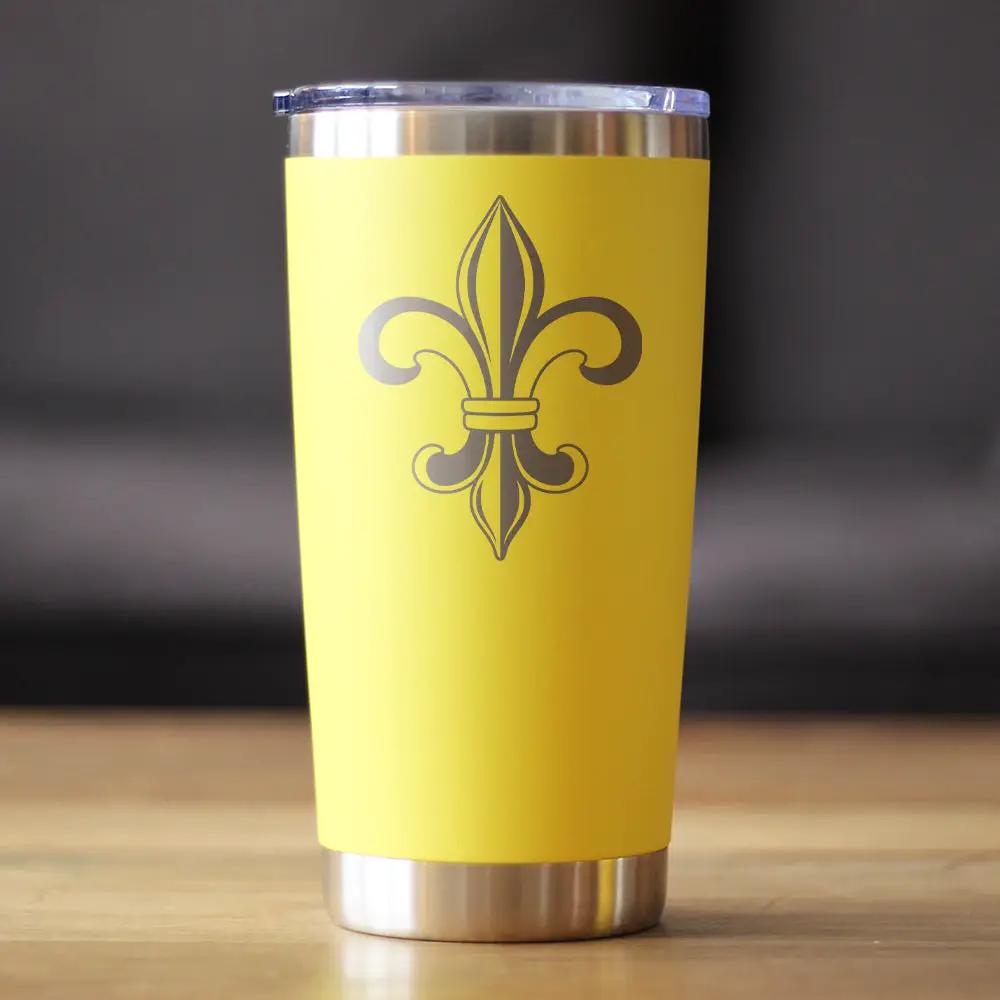 20 oz Fleur de Lis Lily tumbler bevvee, yellow with gray fleur-de-lis, clear lid, metal base on Tampa Home & Garden Store