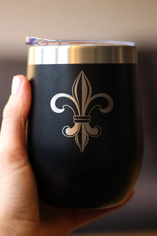 Wine tumbler bevvee Fleur de Lis Lily themed 12oz stemless with black matte finish emblem on Tampa Home & Garden Store