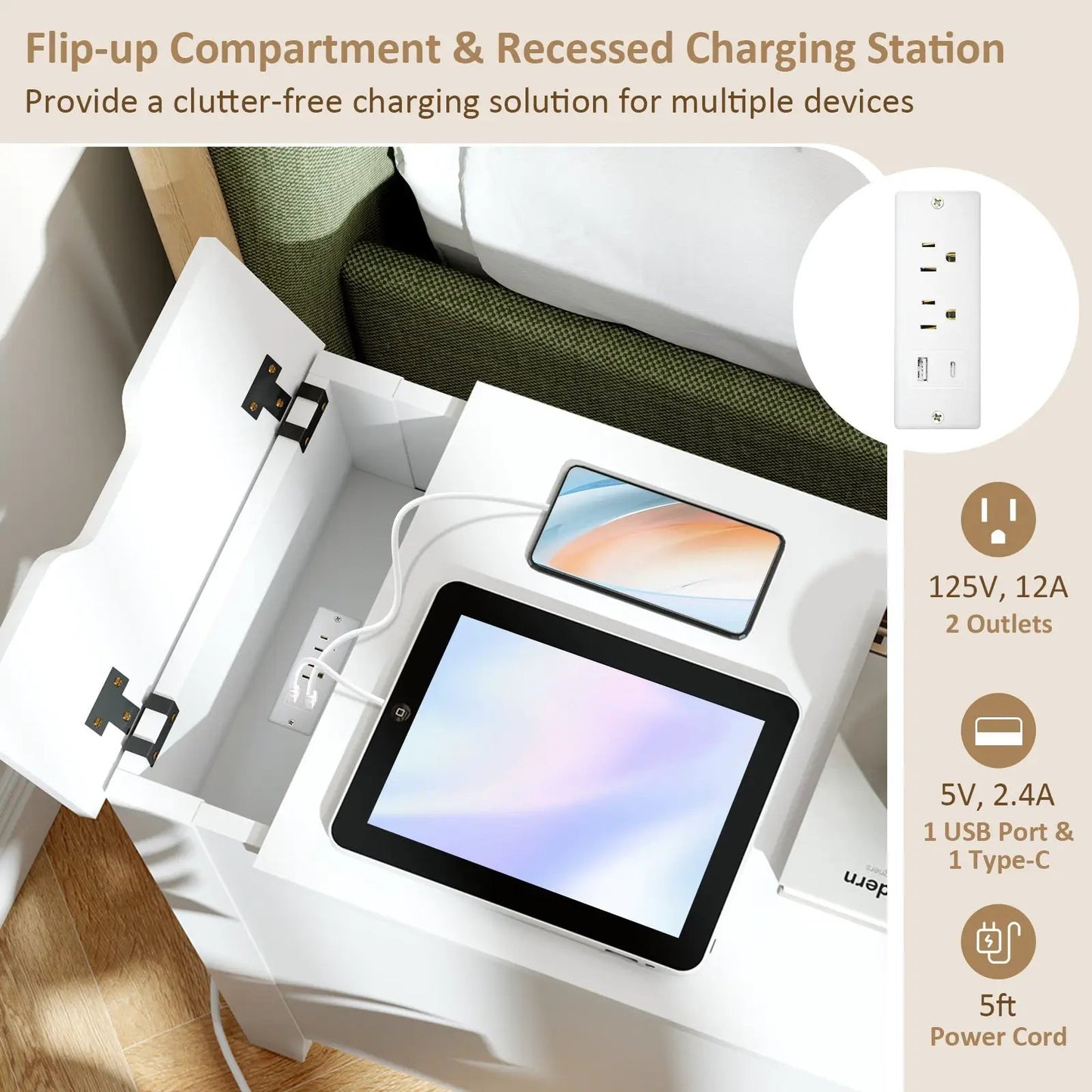 Flip Top End Table with Charging Station Drawer white with flip-top compartment and USB outlets on Tampa Home & Garden Store