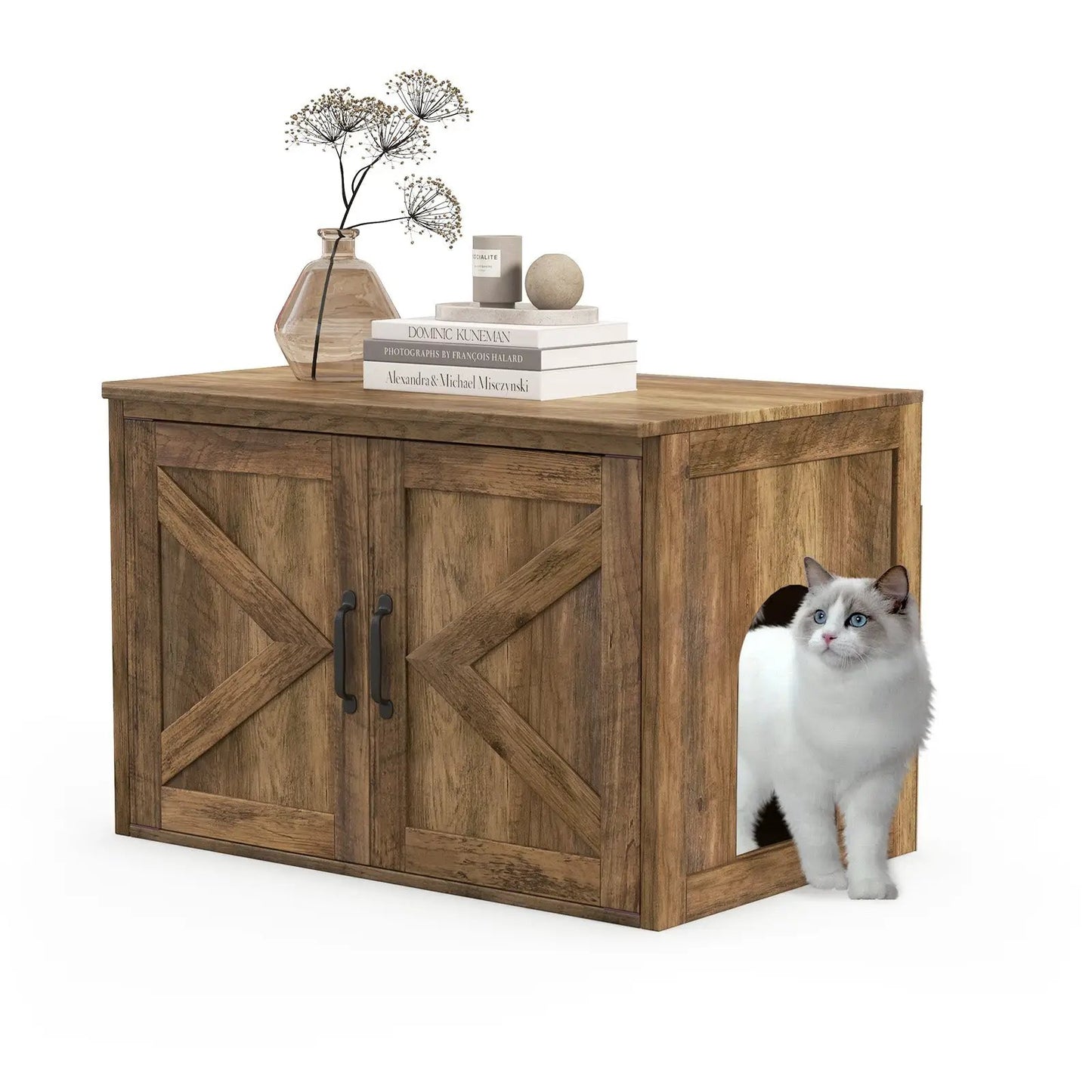 Flip Top Hidden Cat Washroom with Double Doors rustic wood vanity; cat peeks from opening on Tampa Home & Garden Store