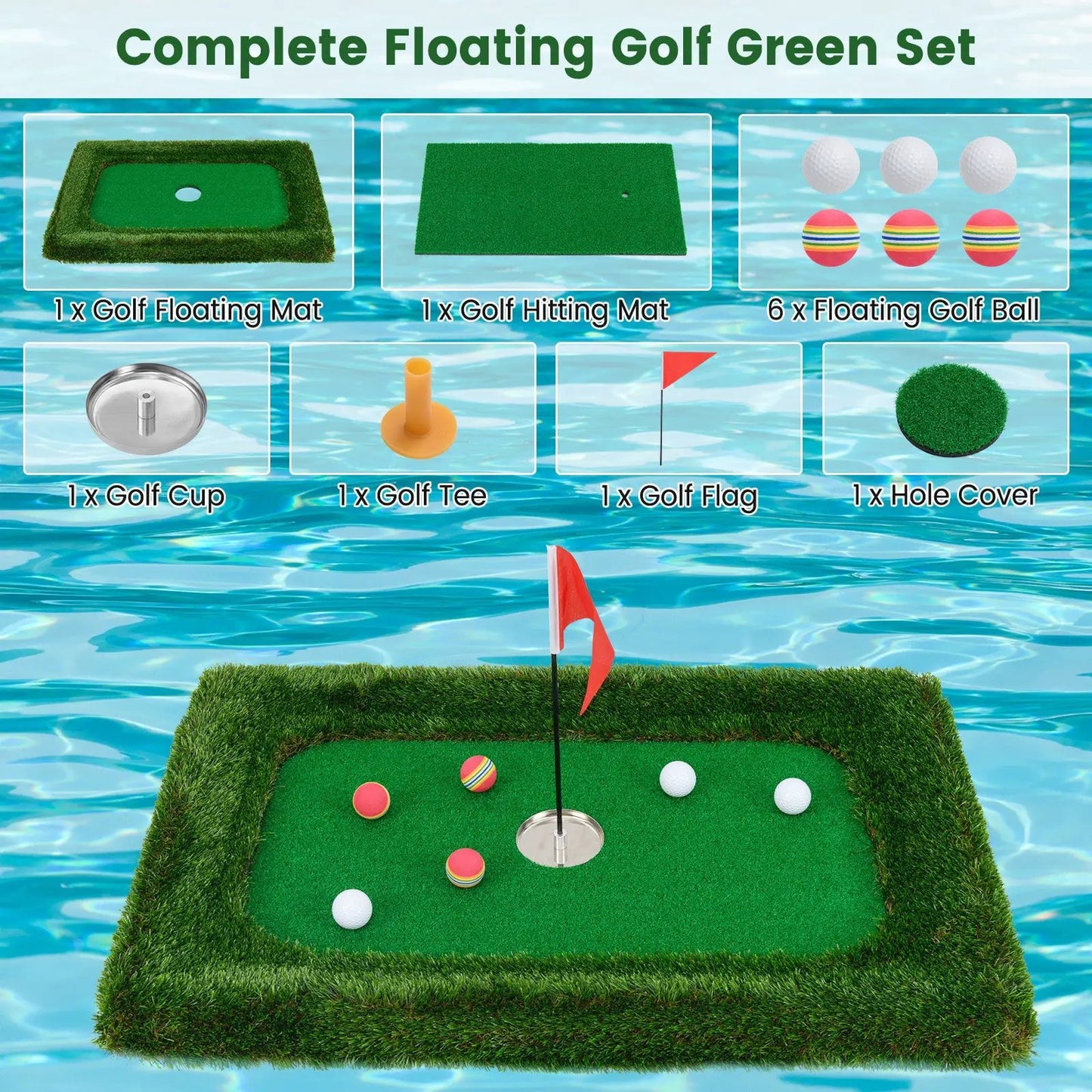 Floating Golf Green Mat for Pool Chipping with 1 floating mat, 1 hitting mat, and 6 balls on Tampa Home & Garden Store