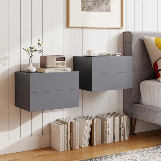 Wall Mounted Floating Nightstands with 2 Drawers each in gray, topped with vase and radio on Tampa Home & Garden Store