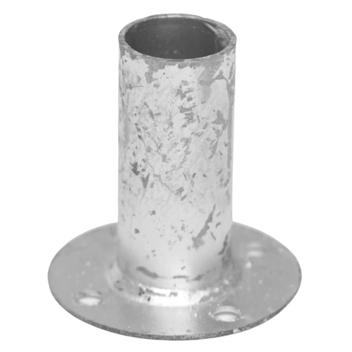 Galvanized floor flange for 1.375 in pipe posts, close-up of round base with mounting holes on Tampa Home & Garden Store