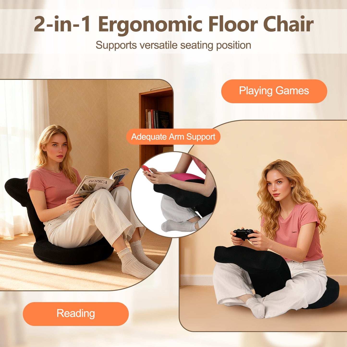Floor Comfy Gaming Chair with Adjustable Headrest by DirectDeals, black floor chair for gaming on Tampa Home & Garden Store