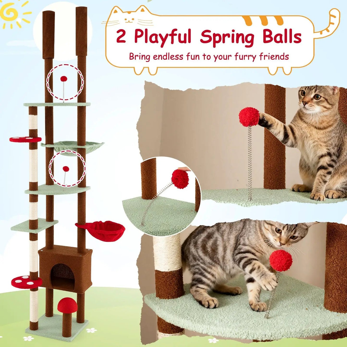 Floor-to-ceiling cat tree with mushroom theme, brown posts, green platforms and red balls on Tampa Home & Garden Store