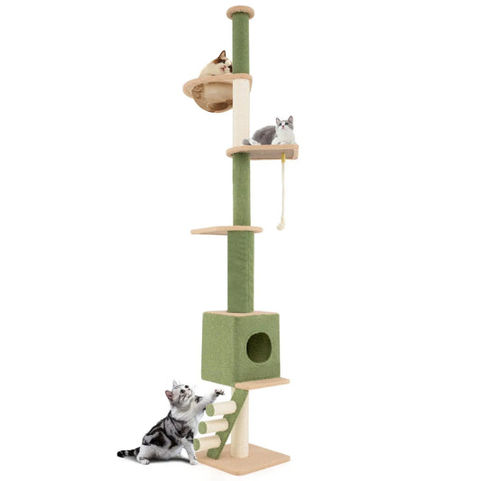 Floor to Ceiling Cat Tree with Adjustable Height green posts beige platforms DirectDeals on Tampa Home & Garden Store